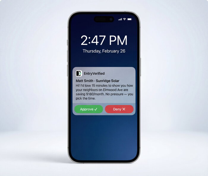iPhone showing an EntryVerified Approve or Deny notification from a sales rep