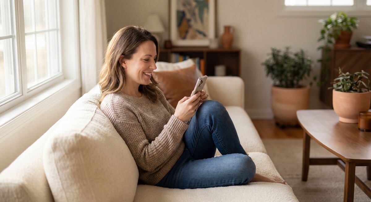 Homeowner relaxing on a couch, smiling while reading a sales rep pitch on her phone